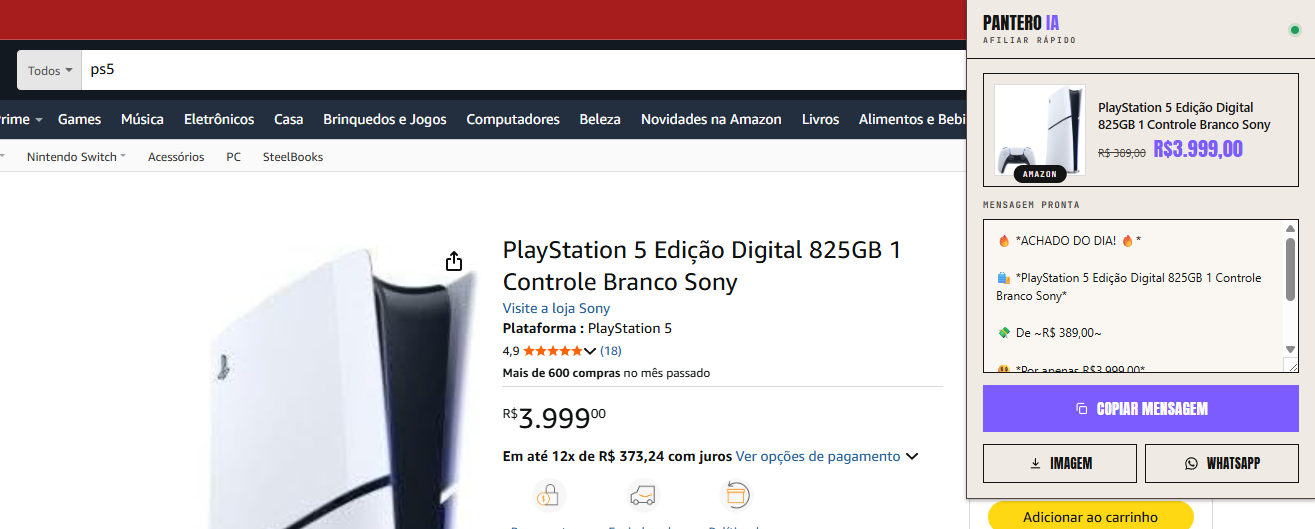 Extensão Pantero aberta numa página de produto da Amazon, mostrando a mensagem de oferta pronta com botões Copiar mensagem, Imagem e WhatsApp