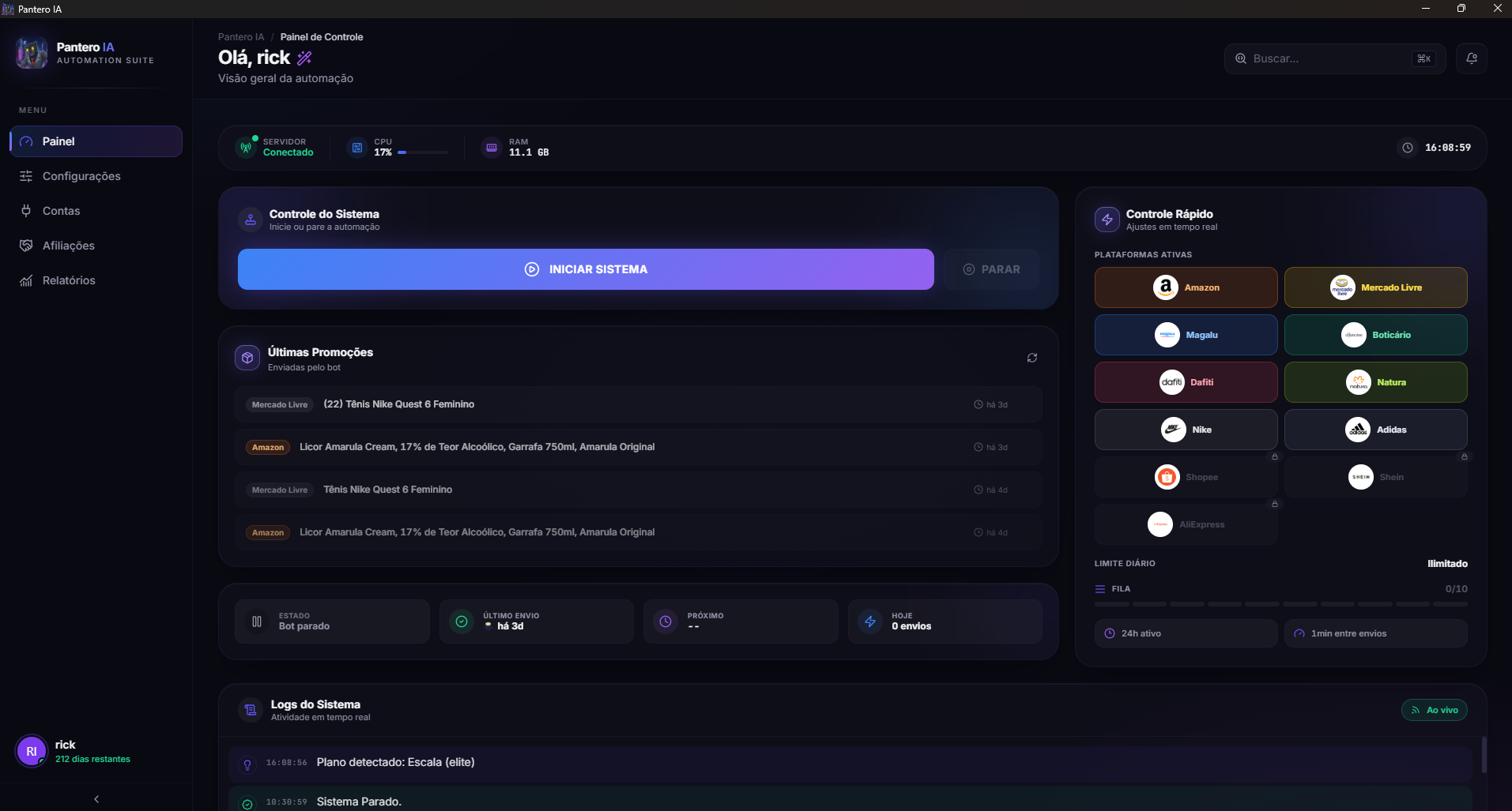 Painel principal com logs ao vivo